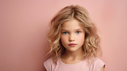 Child girl against a light pink background. Generative AI
