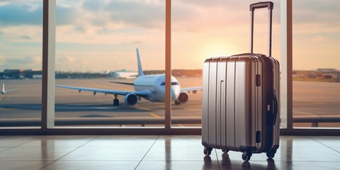 Suitcase on airport window background, airplanes outside, travel concept with copy space.