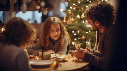Obraz na płótnie Canvas Warm Family Moments: Christmas Tree and Festive Table