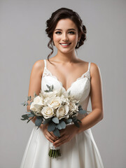 Naklejka premium young middle age happy smiling bride wearing bridal dress, bridal frock, wedding dress