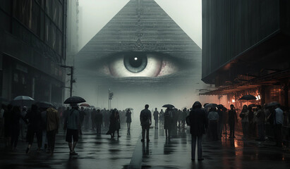 An Illuminati Pyramid With a Large Eye Watching Over a Crowd of People Within a City - obrazy, fototapety, plakaty