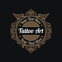 Vintage luxury tattoo studio lettering logo with decorative ornamental frame. - Vector.