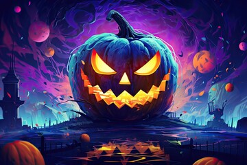 Naklejka na ściany i meble an abstract halloween pumpkin, neon colors, a haunted evil glowing eyes of Jack O Lanterns
