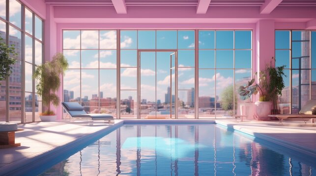 A sunlit indoor lounge area with a pool with clear wat.Generative AI
