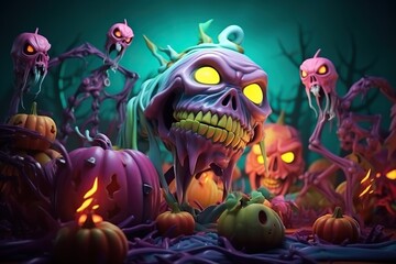 Obraz na płótnie Canvas a colorful halloween theme background with halloween objects, 3D zombies and pumpkin and skulls, scary style