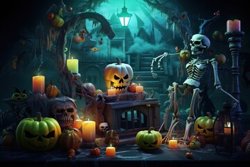 a colorful halloween theme background with halloween objects, 3D zombies and pumpkin and skulls, scary style