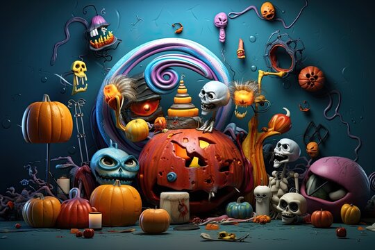 a colorful halloween theme background with halloween objects, 3D zombies and pumpkin and skulls, scary style