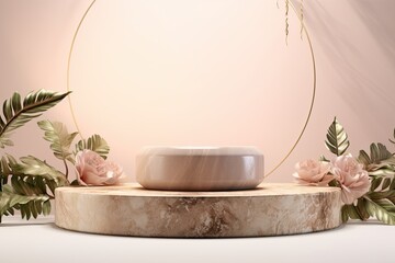 a exotic stone podium with leaf shade and golden rose in beige color for product display nature,...