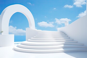 Empty podium, aesthetic product backdrop, blue sky and white staircases background