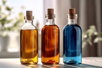 Obraz na płótnie Canvas Transparent glass bottles with oriental essential oils.