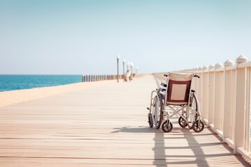 Wheelchair abandoned on a boardwalk at the end of the holidays.