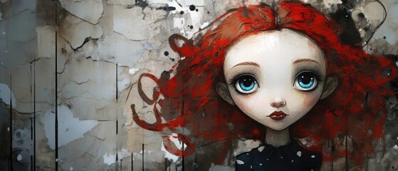 Painted mural of a pretty young girl with vibrant red hair, alluring looks, captivating eyes, pale skin, emotive with a slight sadness, artistic wall art illustration wide and panoramic, generative AI