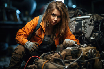 Fototapeta na wymiar Woman auto mechanic repairman repairing a car engine, car service , Repair service concept