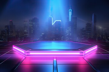 Metal lighting neon podium cyberpunk unreal city pink blue neon lasers stage product display background, 3d illustration empty display showroom - obrazy, fototapety, plakaty