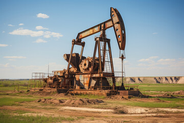 Old rusty oil well against the blue sky