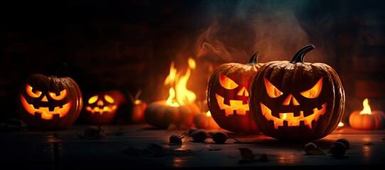 a scary halloween pumpkins, with asp background and neon effect, fantastic, copy space