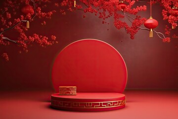Red podium with lantern chinese new year and gift box product stand podium background pedestal 3d - obrazy, fototapety, plakaty