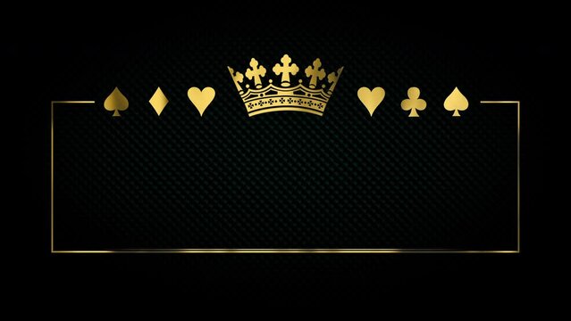 Luxury gold title border background. Black abstract text banner and crown. Blank vip backdrop with golden frame and poker card suits. Copy space for grand casino royal logo or title text