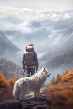rear view of man with backpack hiking with big fluffy withe dog samoyed in mountains in autumn pet adoption traveling with dog generative ai