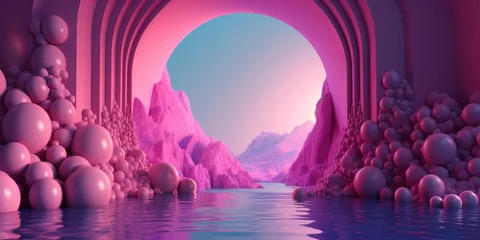 Papier Peint photo autocollant Aubergine Futuristic surreal portal pink landscape with arched mountains and glossy spheres, transition between worlds and realities. Neon pink and blue. Fantasy world. Long horizontal banner. Generative AI.