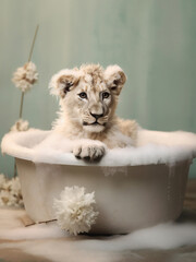 Baby lion in Foam Bath, tiger bathing in the bathtub, funny animal, bathroom Interior safari poster, generative ai