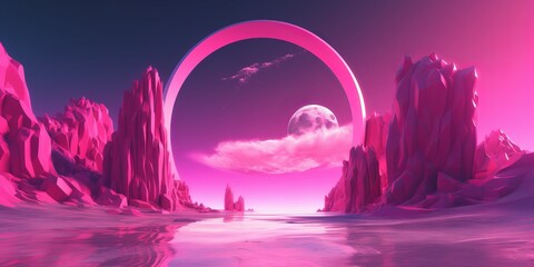 Pink fantasy landscape. Surreal kingdom concept. landscape with mountains and glossy arches thrown across the river. Long horizontal banner. Generative AI. Long horizontal banner. Wallpaper pink space - obrazy, fototapety, plakaty