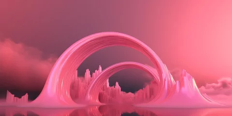 Poster psychedelic pink landscape with sea haze sky and arched mountains across the sea. Long horizontal banner. Generative AI. Dreamy alternative reality artistic concept © Iryna Dreams
