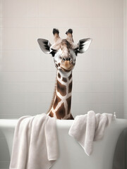 Giraffe in Bath, giraffe bathing in the bathtub, funny animal, bathroom Interior safari poster, generative ai	 - obrazy, fototapety, plakaty