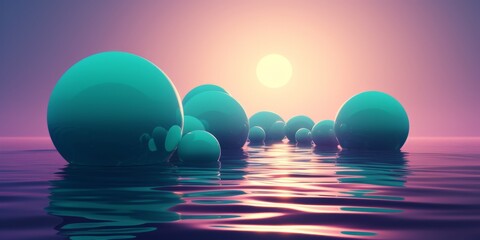 quiet pink sunset alternative reality concept landscape.  floating blue spheres on surface of water. surrealism, simultaneously an aesthetic of sea waves. AI. mental, emotional, and spiritual concept - obrazy, fototapety, plakaty