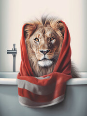 Lion in Foam Bath, lion bathing in the bathtub, funny animal, bathroom Interior safari poster, generative ai	