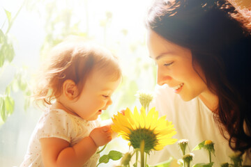 Woman with child in hospital playing with flowers