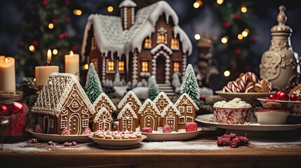 A holiday feast-inspired scene with gingerbread houses, sugar cookies, and an abundance of delicious treats, invoking the joy of culinary delights - Generative ai