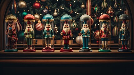 A whimsical display of nutcracker figurines, colorful candy canes, and sparkling snow globes, capturing the magic of the season - Generative ai - obrazy, fototapety, plakaty
