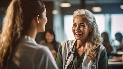 A smiling young female general practitioner enjoying sincere talk, sharing good health news with hoary older senior woman indoors.Generative Ai.