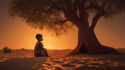 Poster Little pensive African boy sitting on the sand under a tree with a sunset in the background. The problem of drinking water in Africa. Drought. Generated by AI © domarevatanya