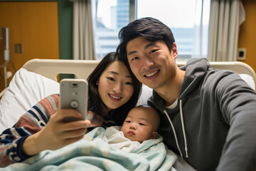 In a hospital, Asian dad and mom holds their newborn in a close-up portrait, radiating a harmonious and traditional family mood. Generative AI.