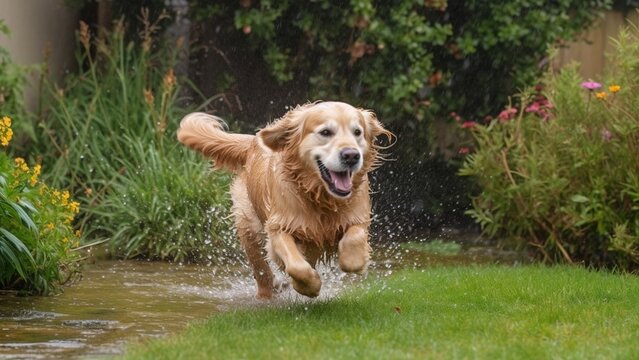 Happy Golden Retriever dog running and playing with garden sprinkler water on a summer day. Green tone grass.