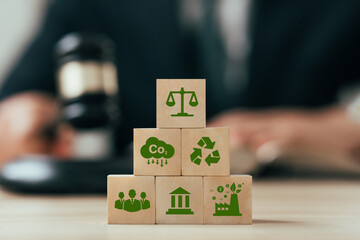 The concept of green law. Carbon tax. Environmental and social responsibility business concept. International Law and Environmental Law Economic regulation law of environmental conservation