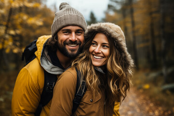 Fototapeta premium Happy couple piggybacking in an autumn forest 