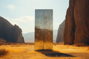 mysterious and strange unknown metallic monolith in a desert landscape, created with generative ai