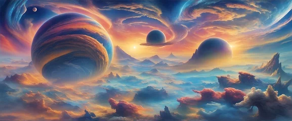 Foto op Canvas Fantasy landscape of planets, nebulae, huge clouds and falling asteroids. digital graphic artwork astrology magic Mysterious burning planet in space along with asteroids. © Joesunt