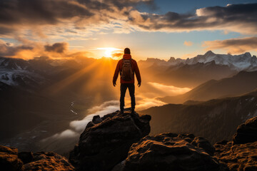 Hiker silhouette standing on big rock against sunrise 