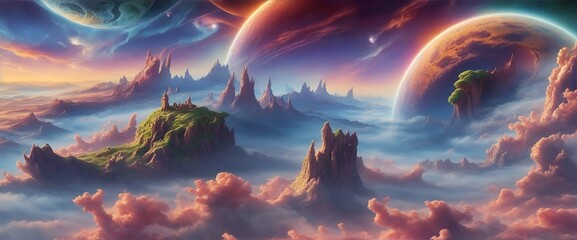 fantastical planet with swirling clouds and colorful landscapes. Generative AI