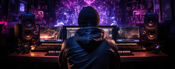 Music producer working in recording studio back view neon light 
