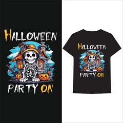 Kawaii skeleton celebrating Halloween vector t-shirt design.