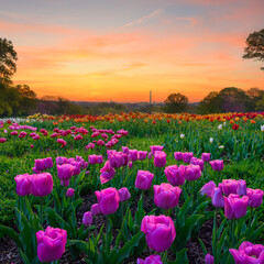 Tulips at Dawn at the Netherlands Carillon - 3 photo focus stack and one photo for the sky exposure