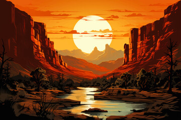 Canyon view landscape with warm sunset orange light flat 2d vector illustration 