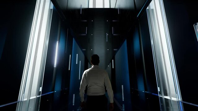 procurement management. Man in Futuristic Office Interior Moving and Activating Hologram.