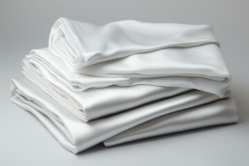 White folded bed sheets product photo. Stack of clean bed sheets.