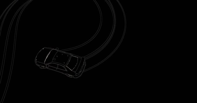 3D animation of a rally car doing a figure of eight and drifting, concept of going round in circles, black and white